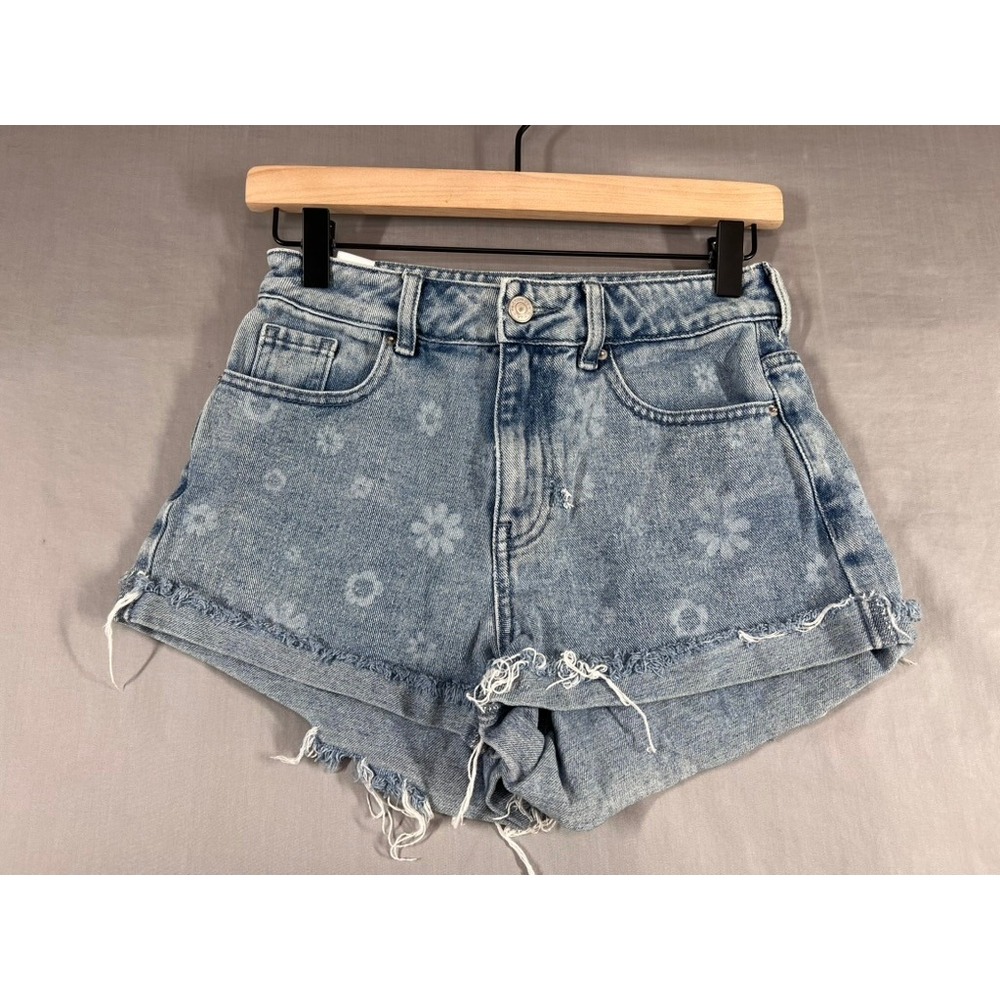 PacSun Floral Daisy Print High Waisted Mom Shorts Light Wash Raw Hem Size 25
